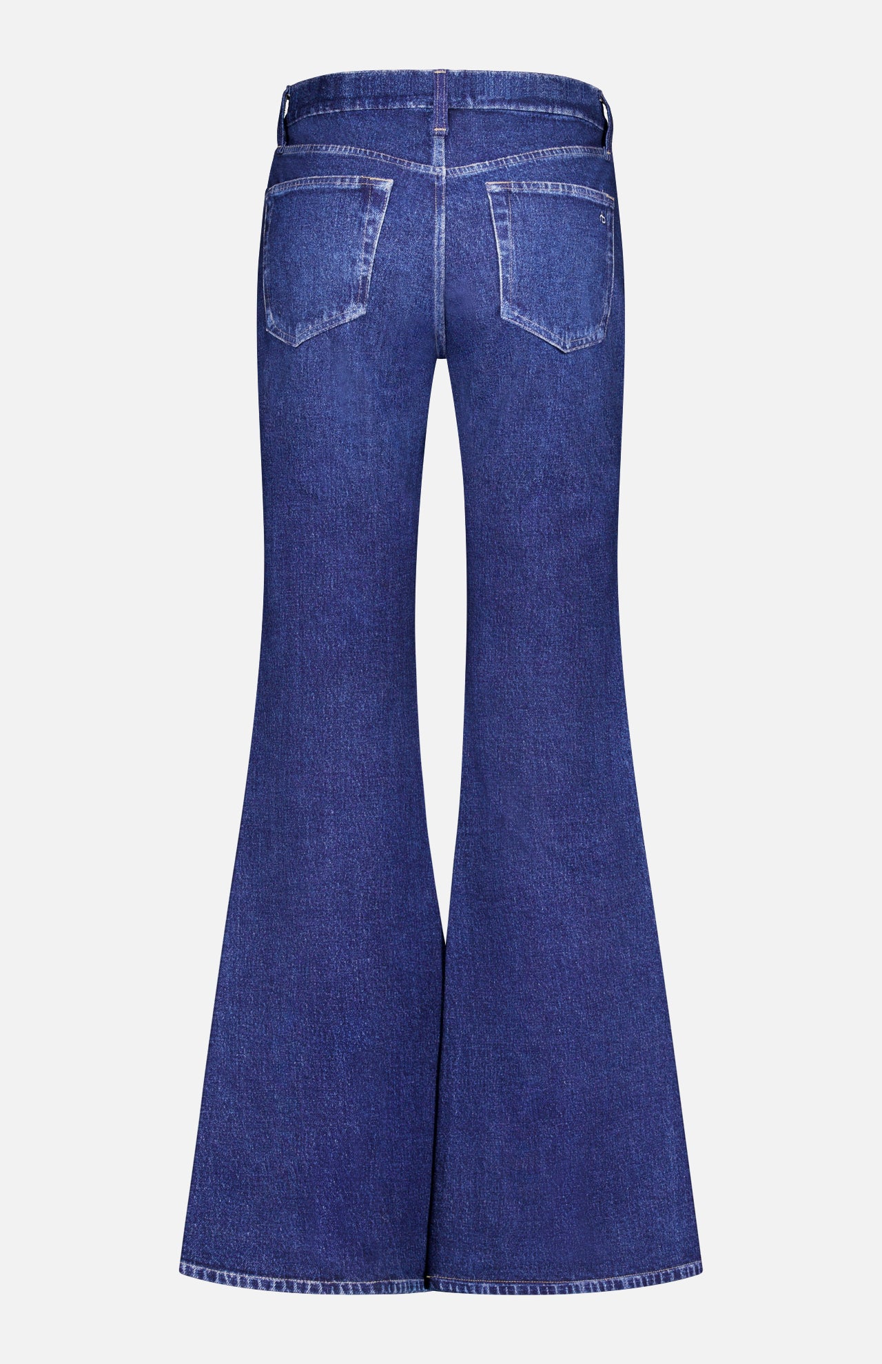 Back view of the Miramar Ponte Dahlia Flare Jean in Nolita by RAG & BONE, showcasing a blue denim-inspired print with two rear pockets and signature flared legs in the classic Miramar style, displayed on a plain white background.
