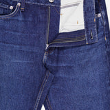A close-up of the Miramar Ponte Dahlia Flare Jean in Nolita by RAG & BONE shows blue denim with a partially open zipper, revealing the waistband, button, and a white tag with RAG & BONE text inside. These jeans capture classic style with their signature denim print detailing.