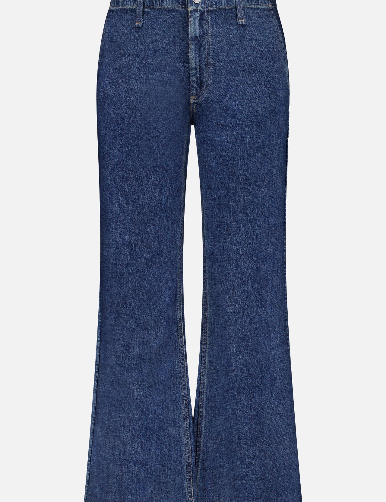 The RAG & BONE Miramar Ponte Kick Flare Pant in Eve features a high waist, flared legs, front pockets, belt loops, and a button with zipper fly closure, shown against a white background for classic style.