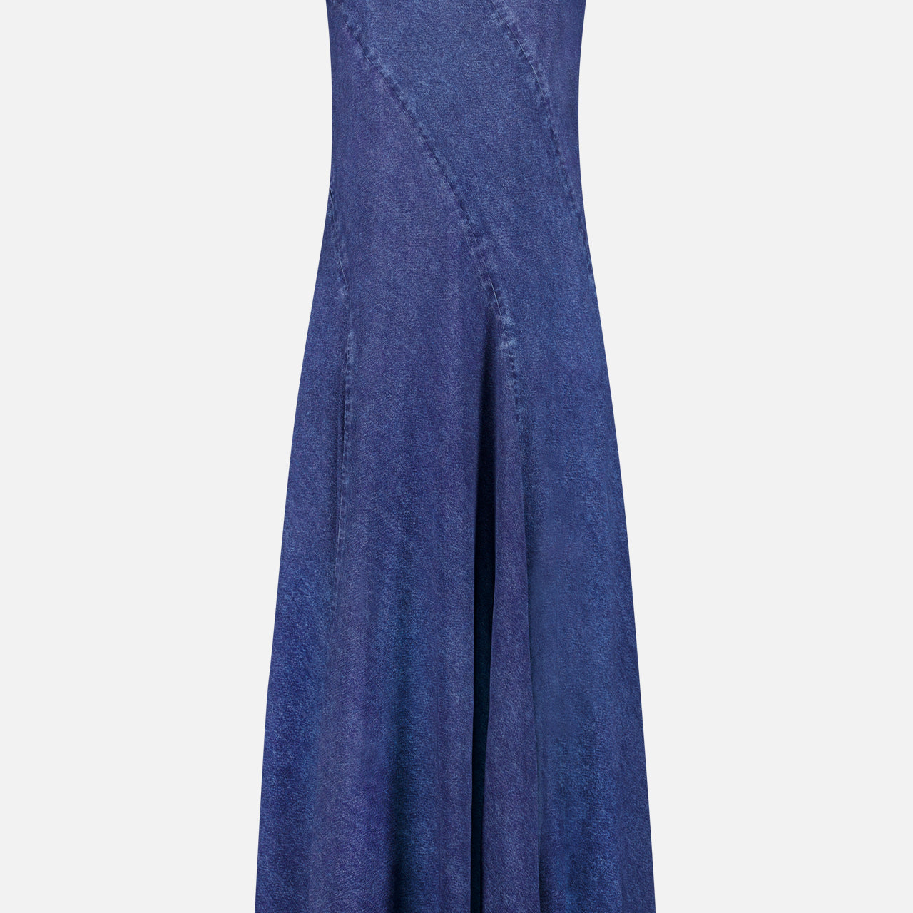 The Miramar Sinead Maxi Dress by RAG & BONE is a sleeveless, ankle-length indigo blue bias-cut dress with a round neckline and subtle diagonal seam detailing, shown on a plain white background.