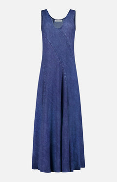 The Miramar Sinead Maxi Dress by RAG & BONE is a sleeveless, ankle-length indigo blue bias-cut dress with a round neckline and subtle diagonal seam detailing, shown on a plain white background.