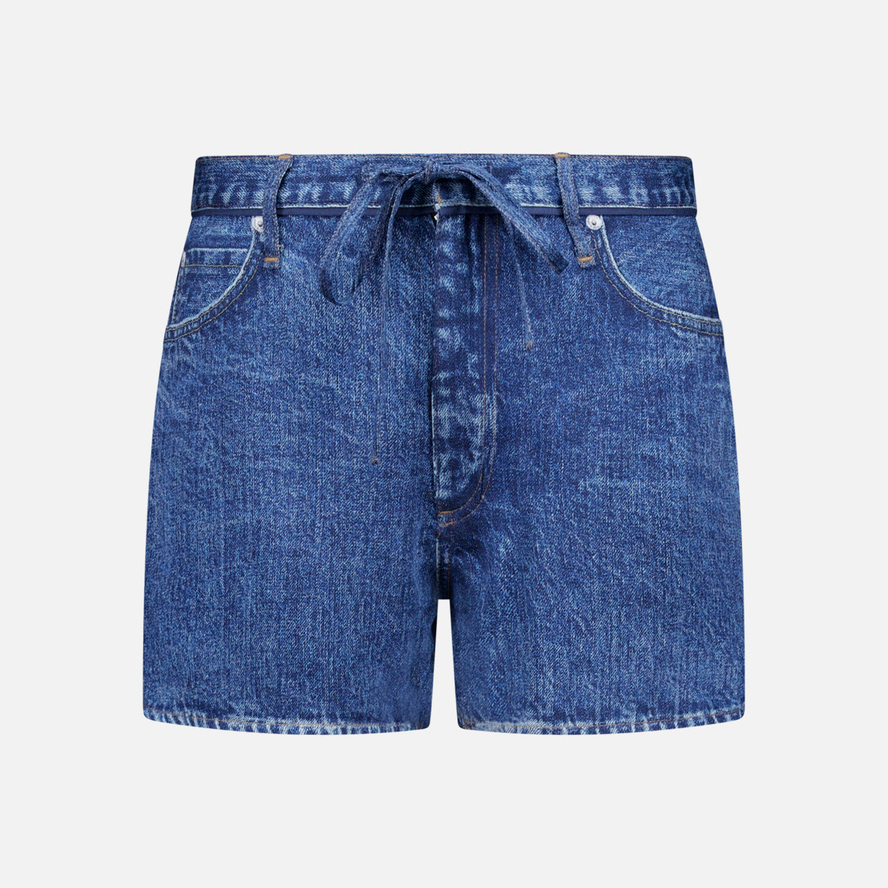 Front view of the RAG & BONE Miramar Slink Lounge Short in York, featuring a low-rise fit, tie belt, front pockets, and visible stitching, displayed on a plain white background.