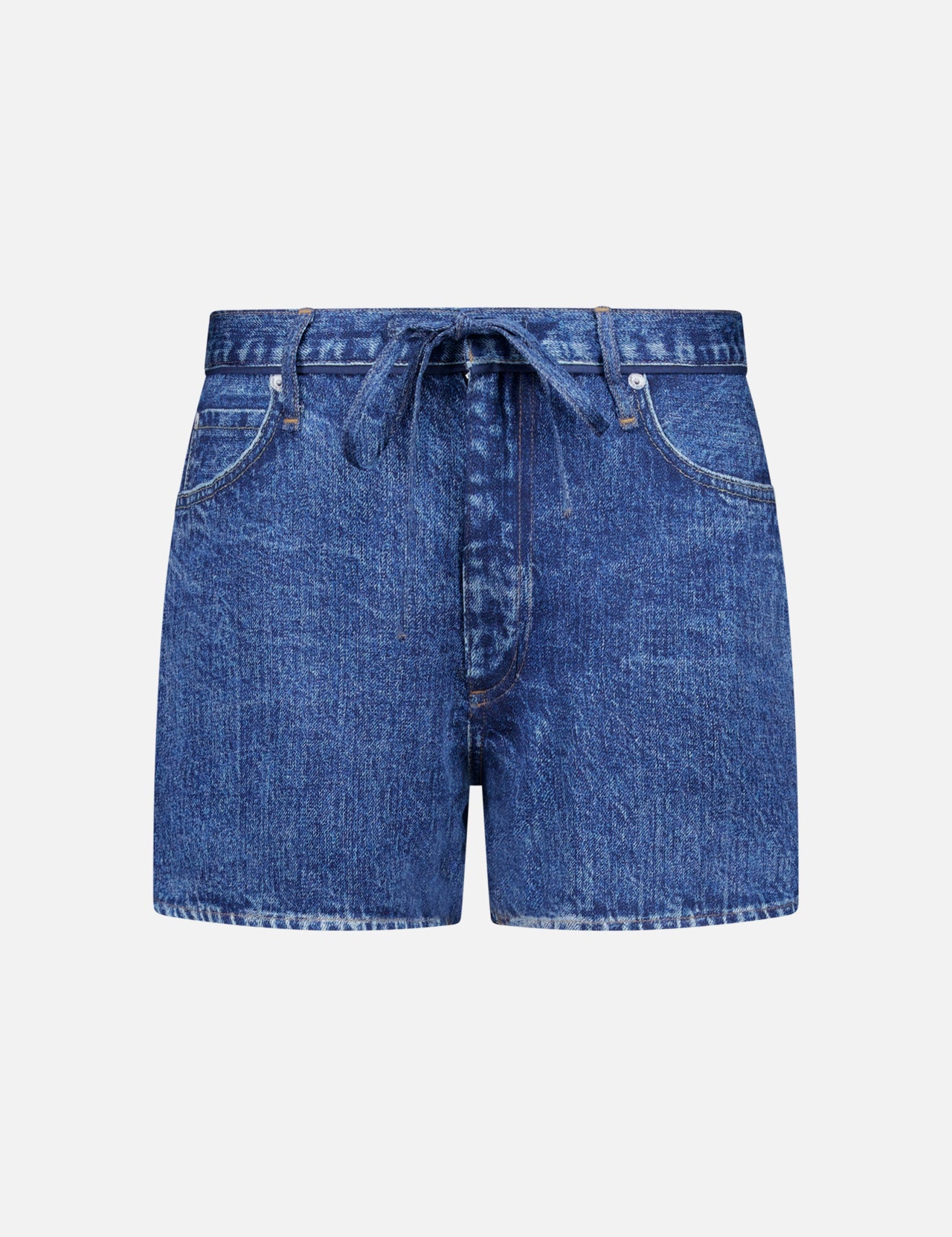 Front view of the RAG & BONE Miramar Slink Lounge Short in York, featuring a low-rise fit, tie belt, front pockets, and visible stitching, displayed on a plain white background.