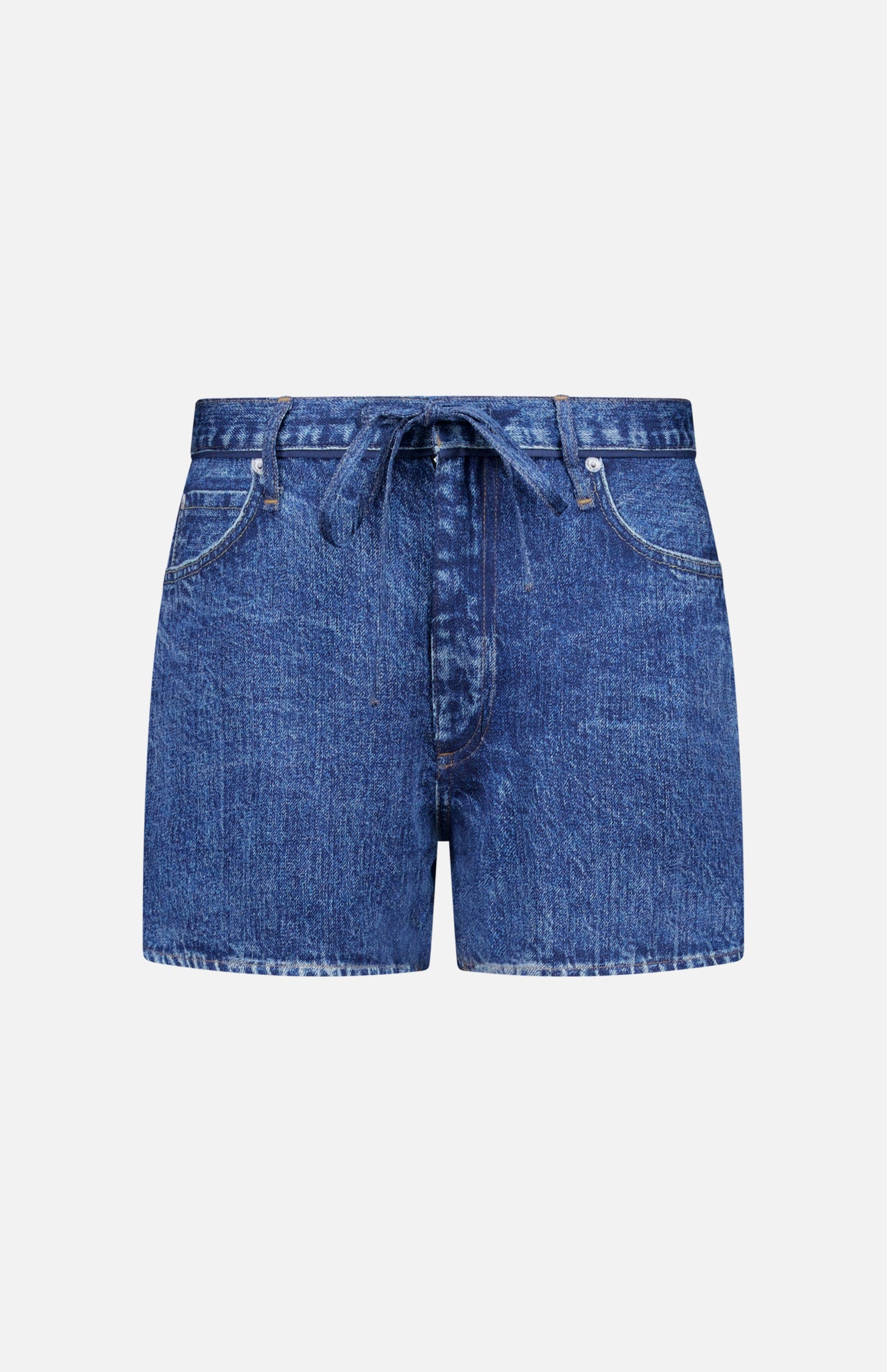 Front view of the RAG & BONE Miramar Slink Lounge Short in York, featuring a low-rise fit, tie belt, front pockets, and visible stitching, displayed on a plain white background.