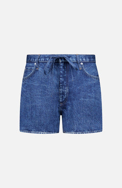 Front view of the RAG & BONE Miramar Slink Lounge Short in York, featuring a low-rise fit, tie belt, front pockets, and visible stitching, displayed on a plain white background.