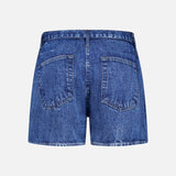 The RAG & BONE Miramar Slink Lounge Short in York is a blue, low-rise denim short seen from the back, with two back pockets and a faded, slightly worn texture.