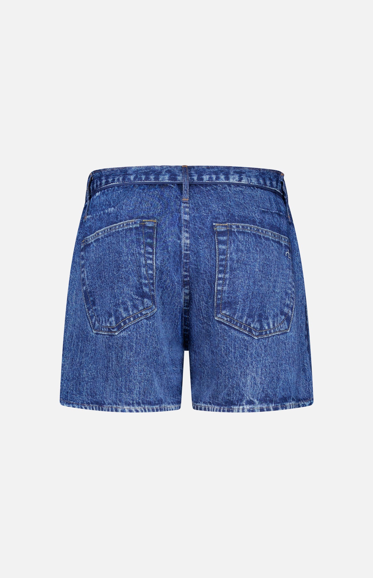 The RAG & BONE Miramar Slink Lounge Short in York is a blue, low-rise denim short seen from the back, with two back pockets and a faded, slightly worn texture.