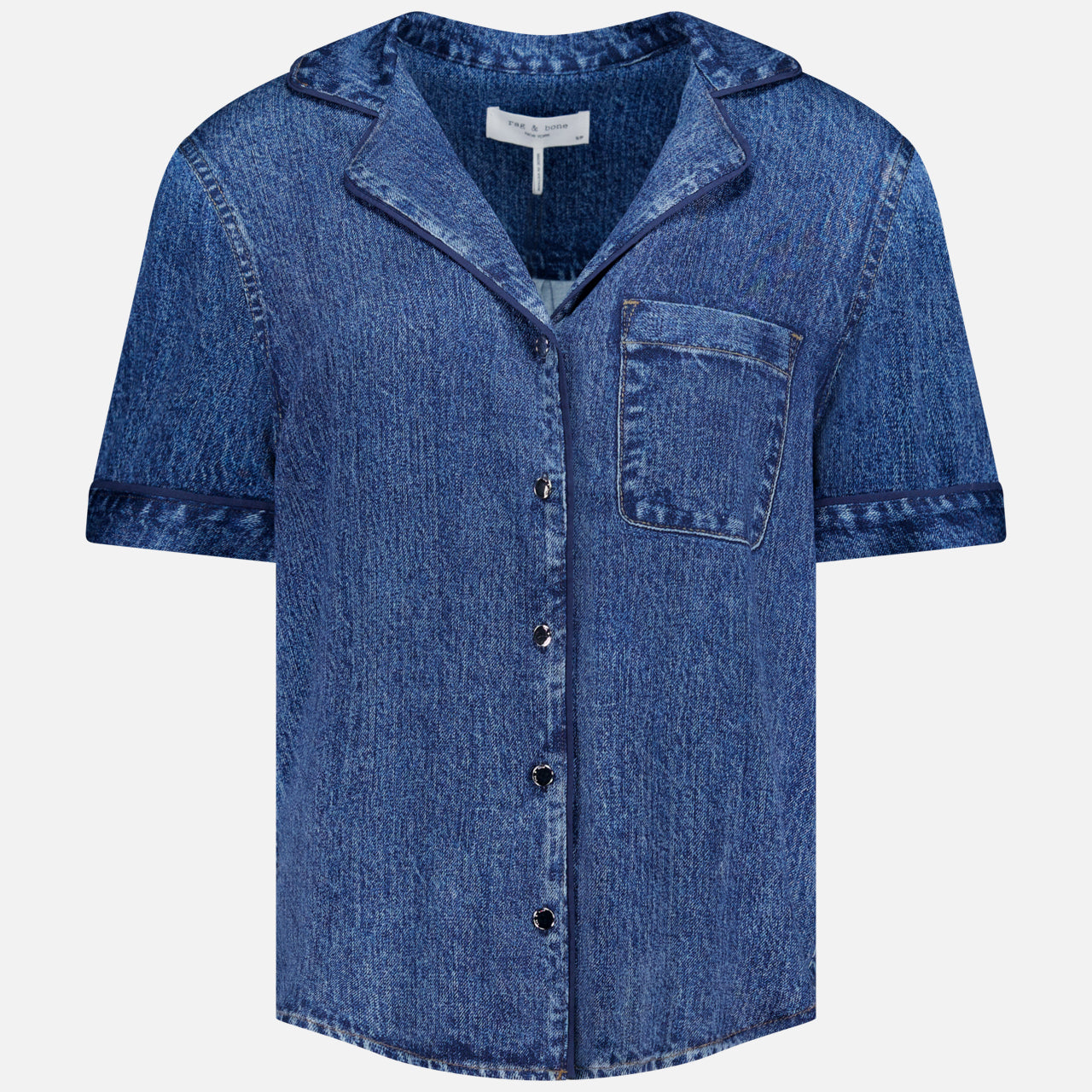 The RAG & BONE Miramar Slink Short Sleeve Lounge Shirt features a notched collar, single chest pocket, and drapey fabric with signature Miramar printing, shown on a plain white background.