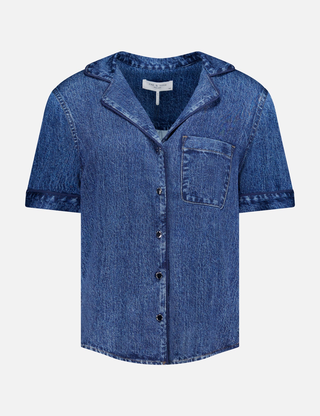 The RAG & BONE Miramar Slink Short Sleeve Lounge Shirt features a notched collar, single chest pocket, and drapey fabric with signature Miramar printing, shown on a plain white background.