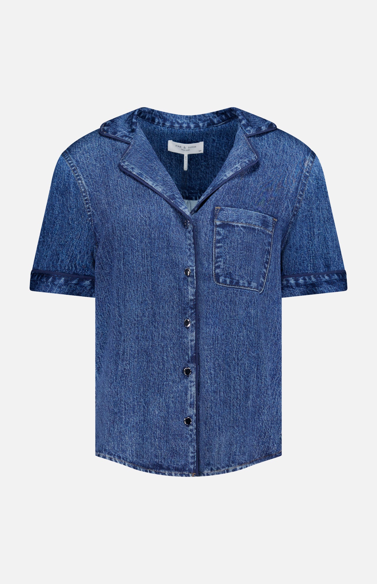 The RAG & BONE Miramar Slink Short Sleeve Lounge Shirt features a notched collar, single chest pocket, and drapey fabric with signature Miramar printing, shown on a plain white background.