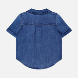 The RAG & BONE Miramar Slink Short Sleeve Lounge Shirt features drapey blue denim fabric and is shown against a white background.