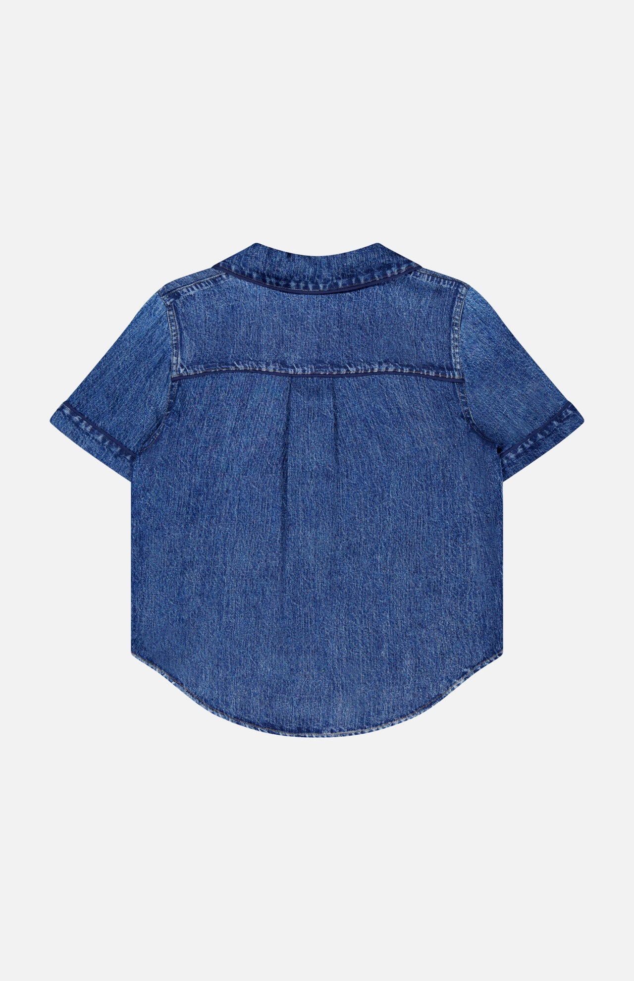The RAG & BONE Miramar Slink Short Sleeve Lounge Shirt features drapey blue denim fabric and is shown against a white background.