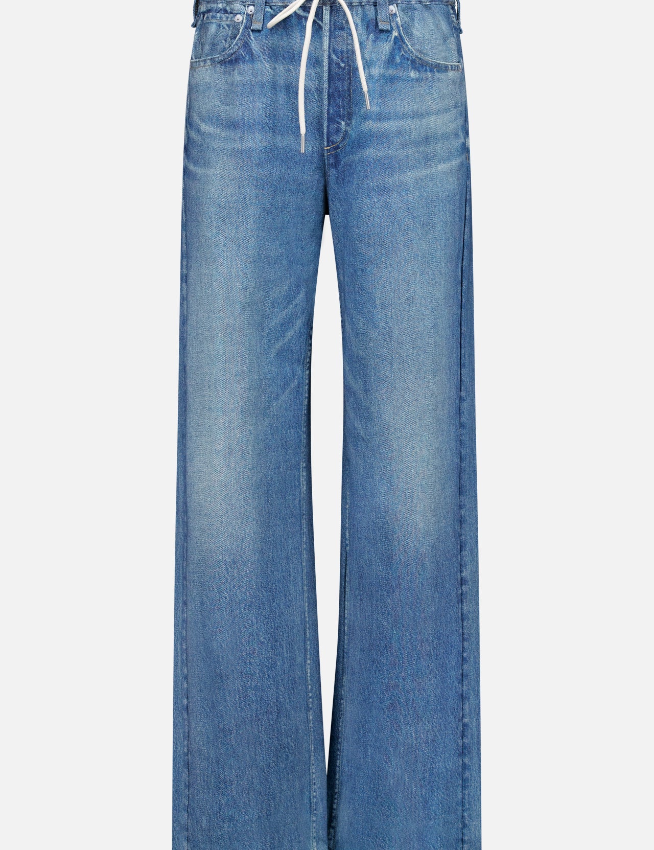 The RAG & BONE Miramar Terry Drawstring Wide Leg Pant in Ellis features a wide-leg silhouette with a faded denim look, classic five-pocket styling, and a white drawstring waist, all crafted from soft cotton terry cloth and showcased against a plain white background.