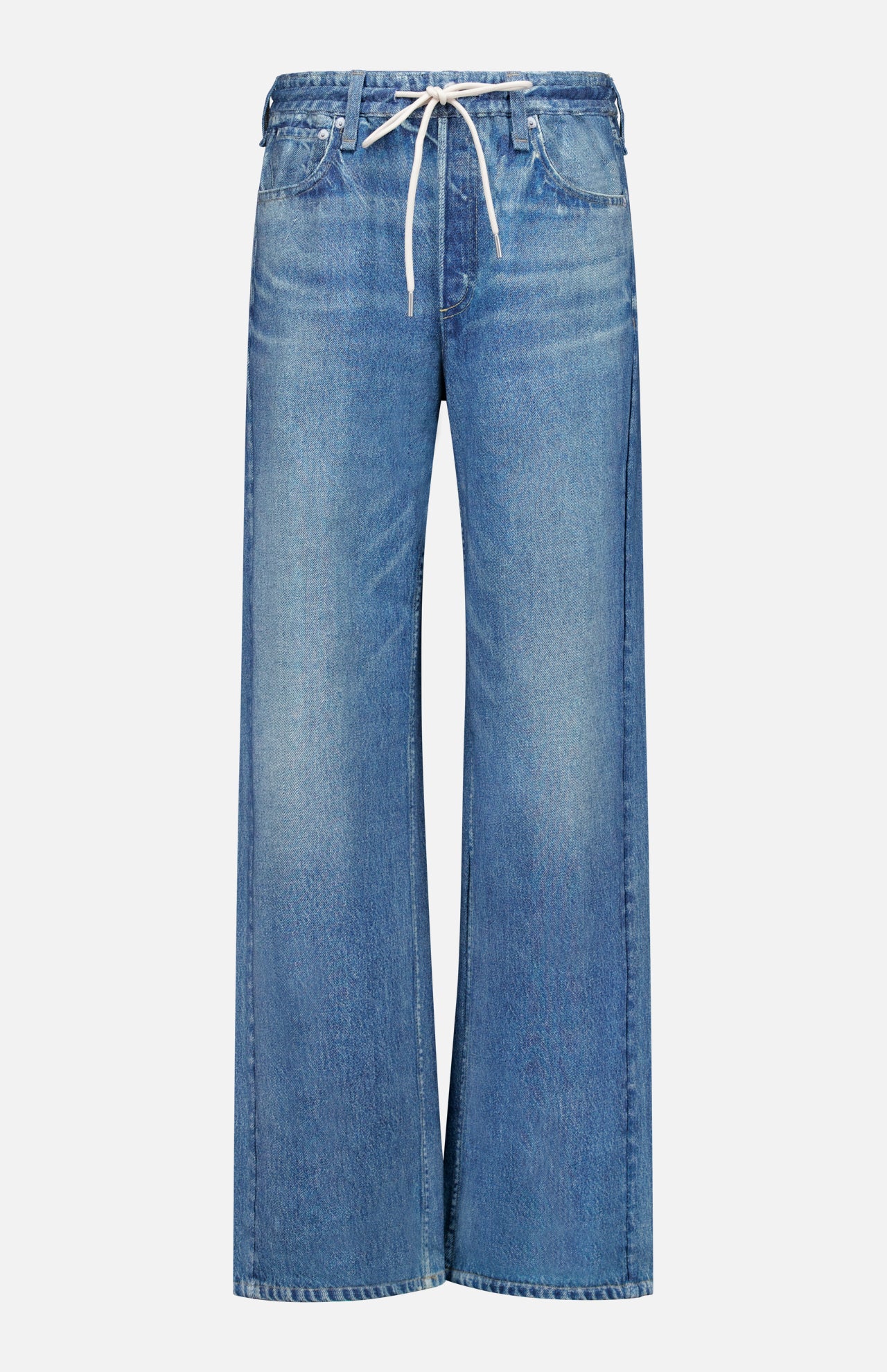 The RAG & BONE Miramar Terry Drawstring Wide Leg Pant in Ellis features a wide-leg silhouette with a faded denim look, classic five-pocket styling, and a white drawstring waist, all crafted from soft cotton terry cloth and showcased against a plain white background.