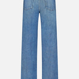 Back view of the Miramar Terry Drawstring Wide Leg Pant in Ellis by RAG & BONE, featuring a blue denim look, wide leg, two back pockets, belt loops, and a high waist, displayed on a plain white background.