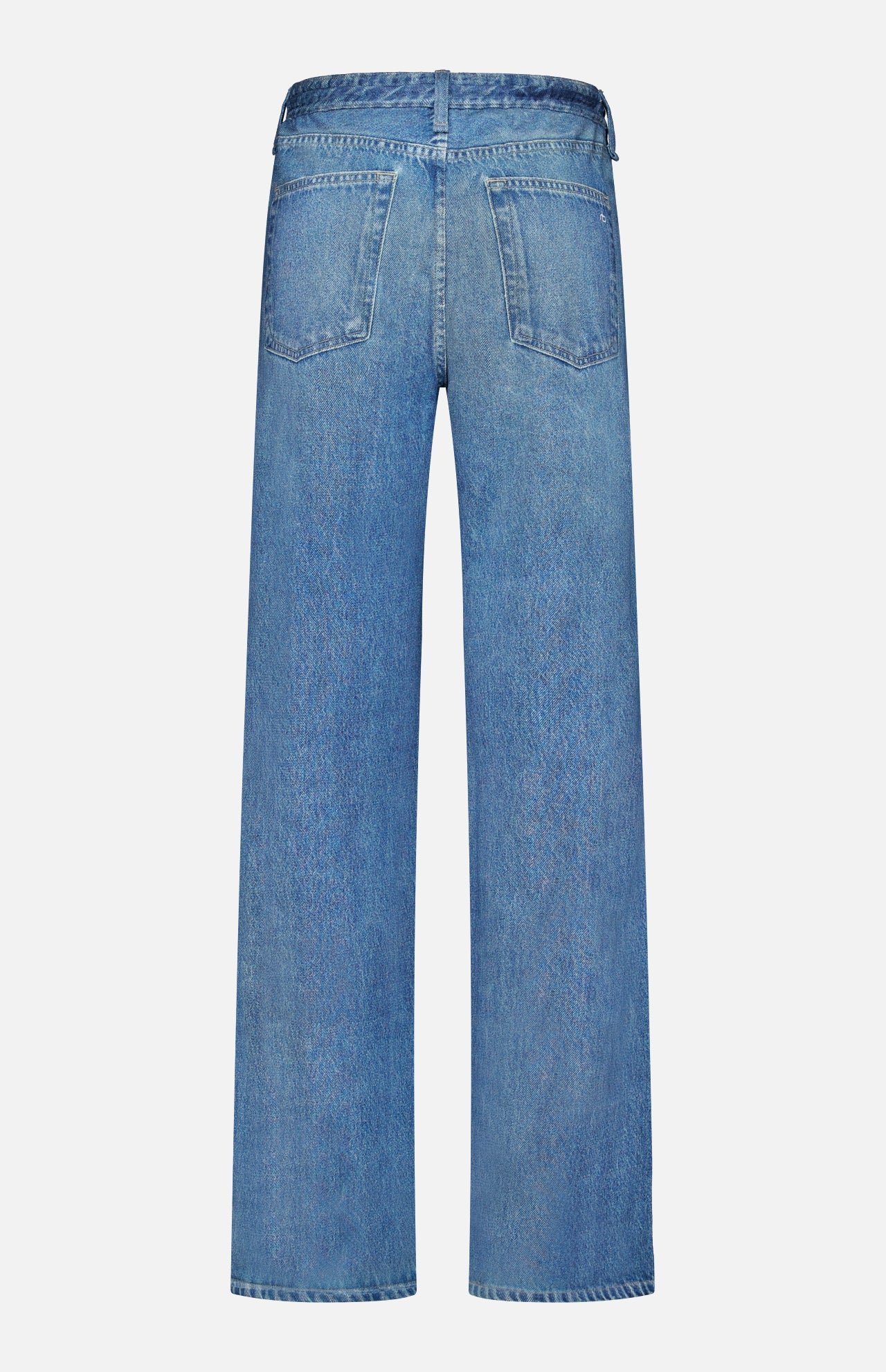 Back view of the Miramar Terry Drawstring Wide Leg Pant in Ellis by RAG & BONE, featuring a blue denim look, wide leg, two back pockets, belt loops, and a high waist, displayed on a plain white background.