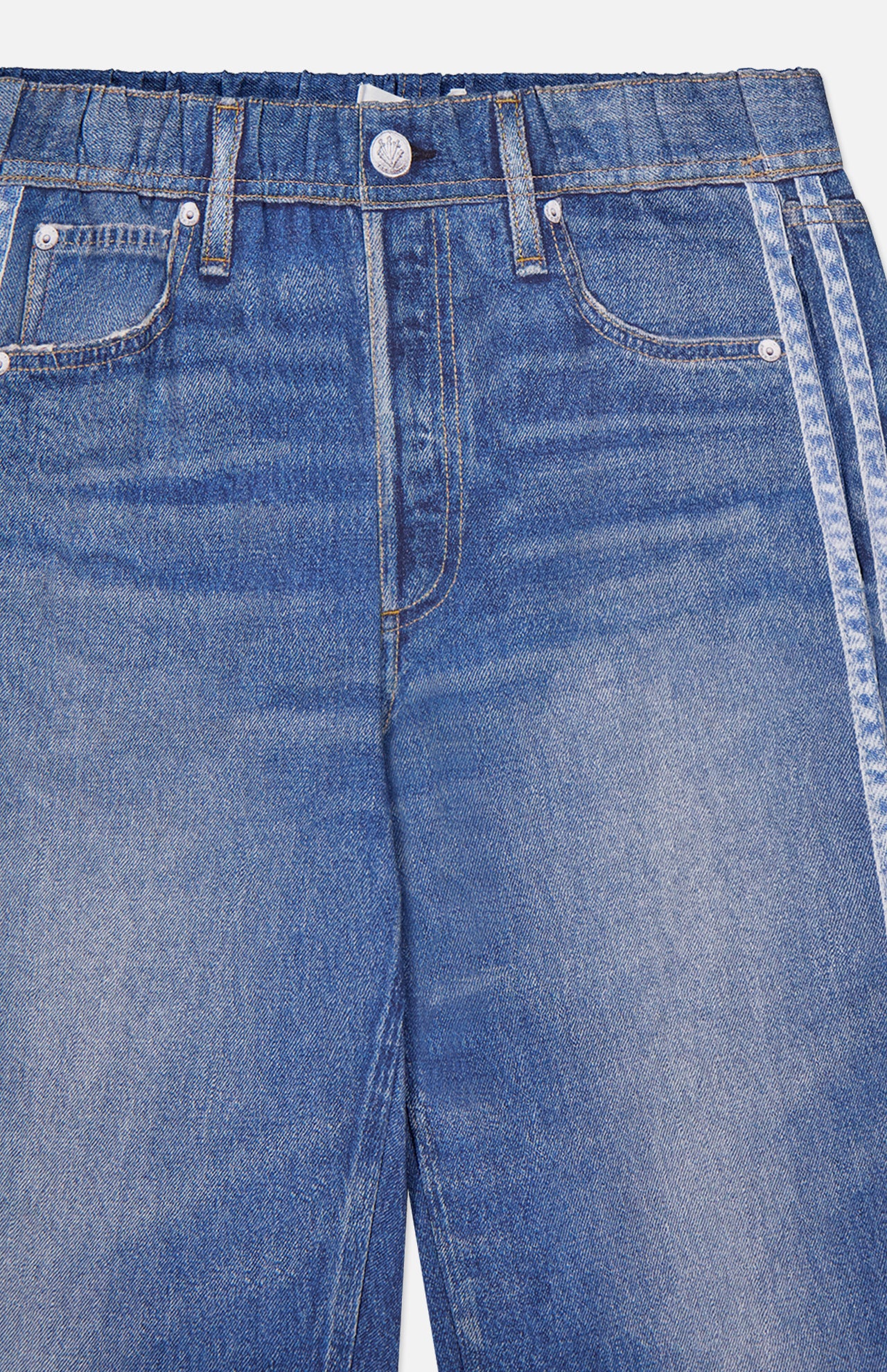 Close-up of the RAG & BONE Miramar Terry Track Pull On Pant in Carst, featuring a blue denim look with front pockets, belt loops, and a faded side stripe detail.