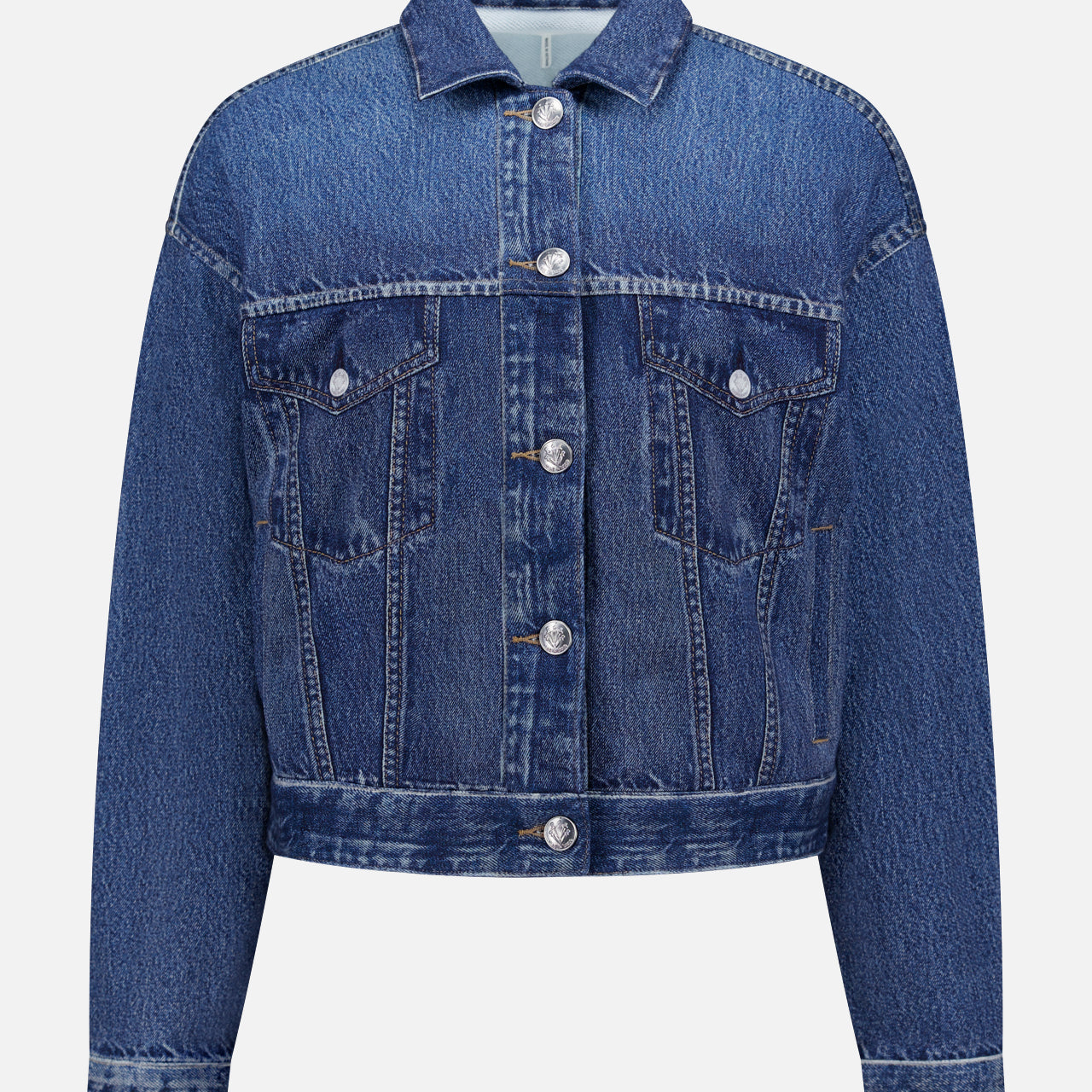 The RAG & BONE Miramar Terry Trucker Jacket features front buttons, button-flap breast pockets, long sleeves, and contrast stitching, shown against a white background.