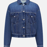 The RAG & BONE Miramar Terry Trucker Jacket features front buttons, button-flap breast pockets, long sleeves, and contrast stitching, shown against a white background.