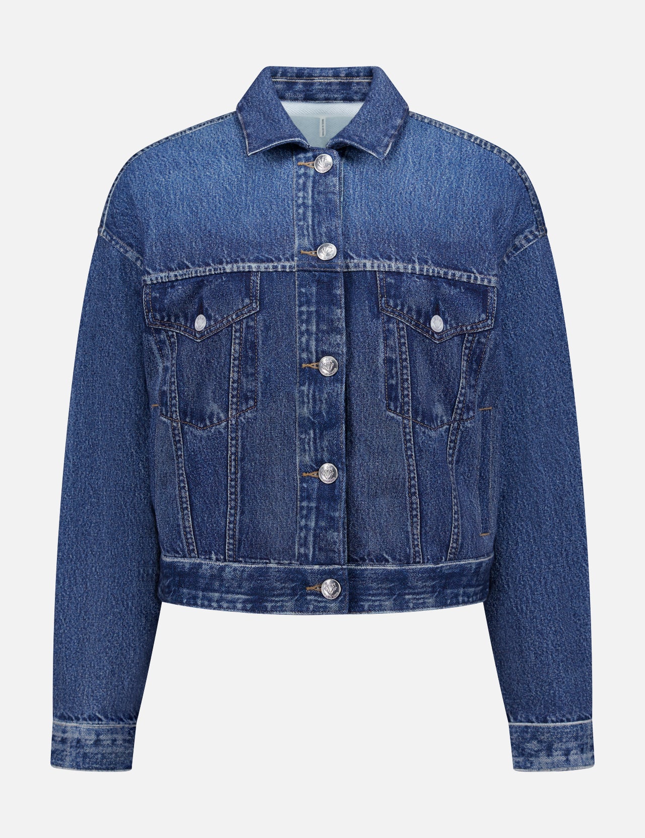 The RAG & BONE Miramar Terry Trucker Jacket features front buttons, button-flap breast pockets, long sleeves, and contrast stitching, shown against a white background.