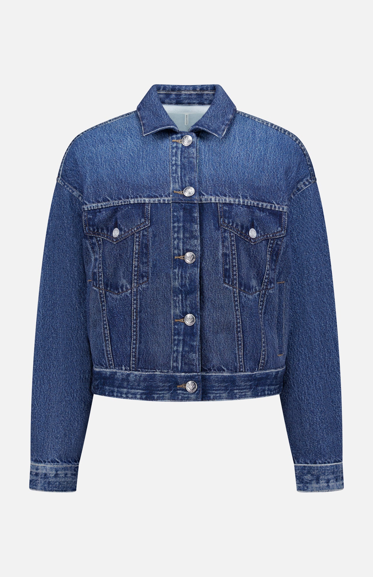 The RAG & BONE Miramar Terry Trucker Jacket features front buttons, button-flap breast pockets, long sleeves, and contrast stitching, shown against a white background.