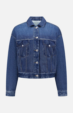 The RAG & BONE Miramar Terry Trucker Jacket features front buttons, button-flap breast pockets, long sleeves, and contrast stitching, shown against a white background.