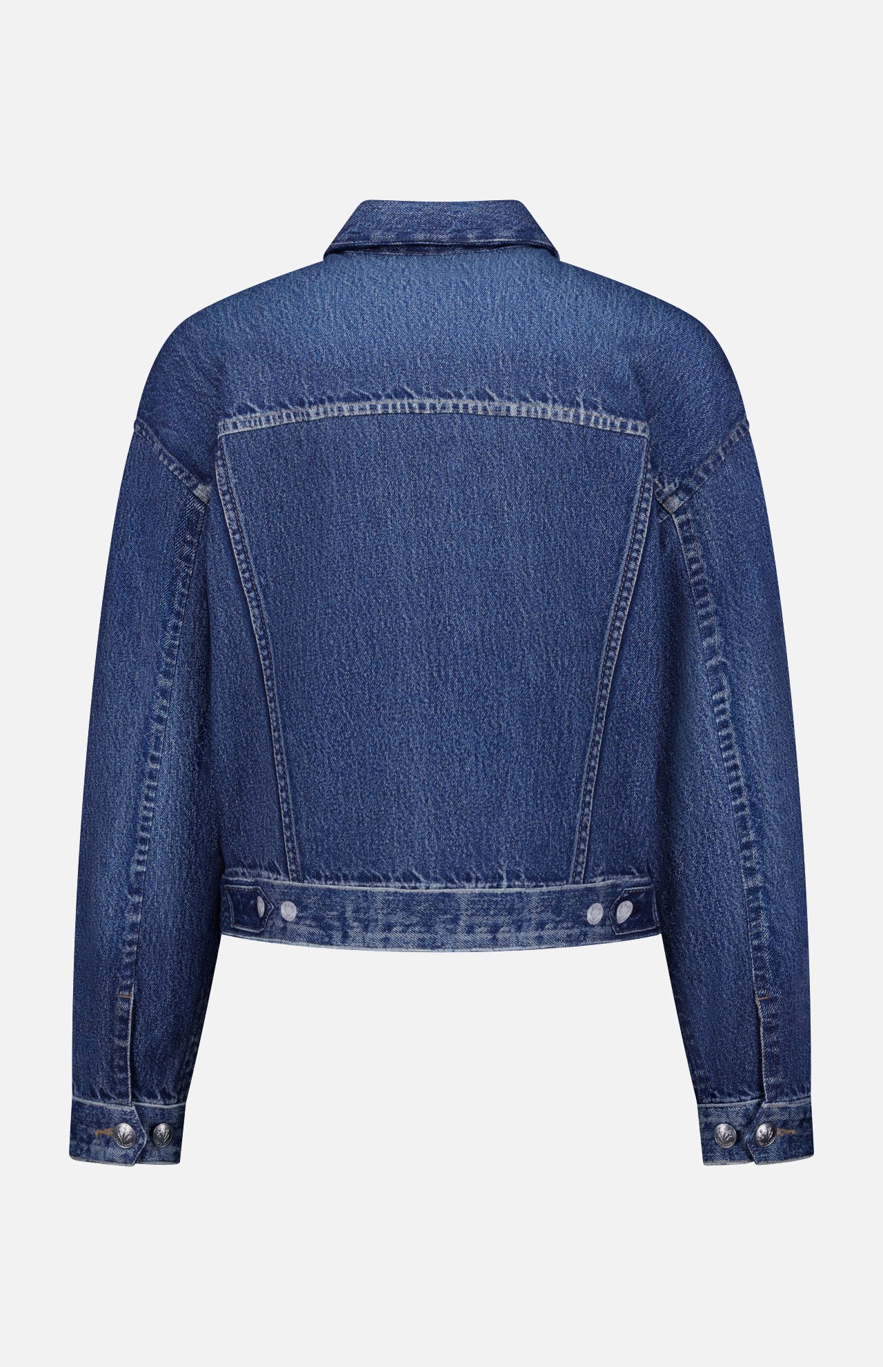Back view of the RAG & BONE Miramar Terry Trucker Jacket in blue denim look, featuring long sleeves, buttoned cuffs, a pointed collar, visible seam details, and a waistband with two side buttons. Plain white background.