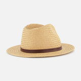 The RAG & BONE Packable Straw Fedora Hat features a tan woven design with a medium-wide brim, brown crown band, and is shown on a plain white background for stylish sun protection.