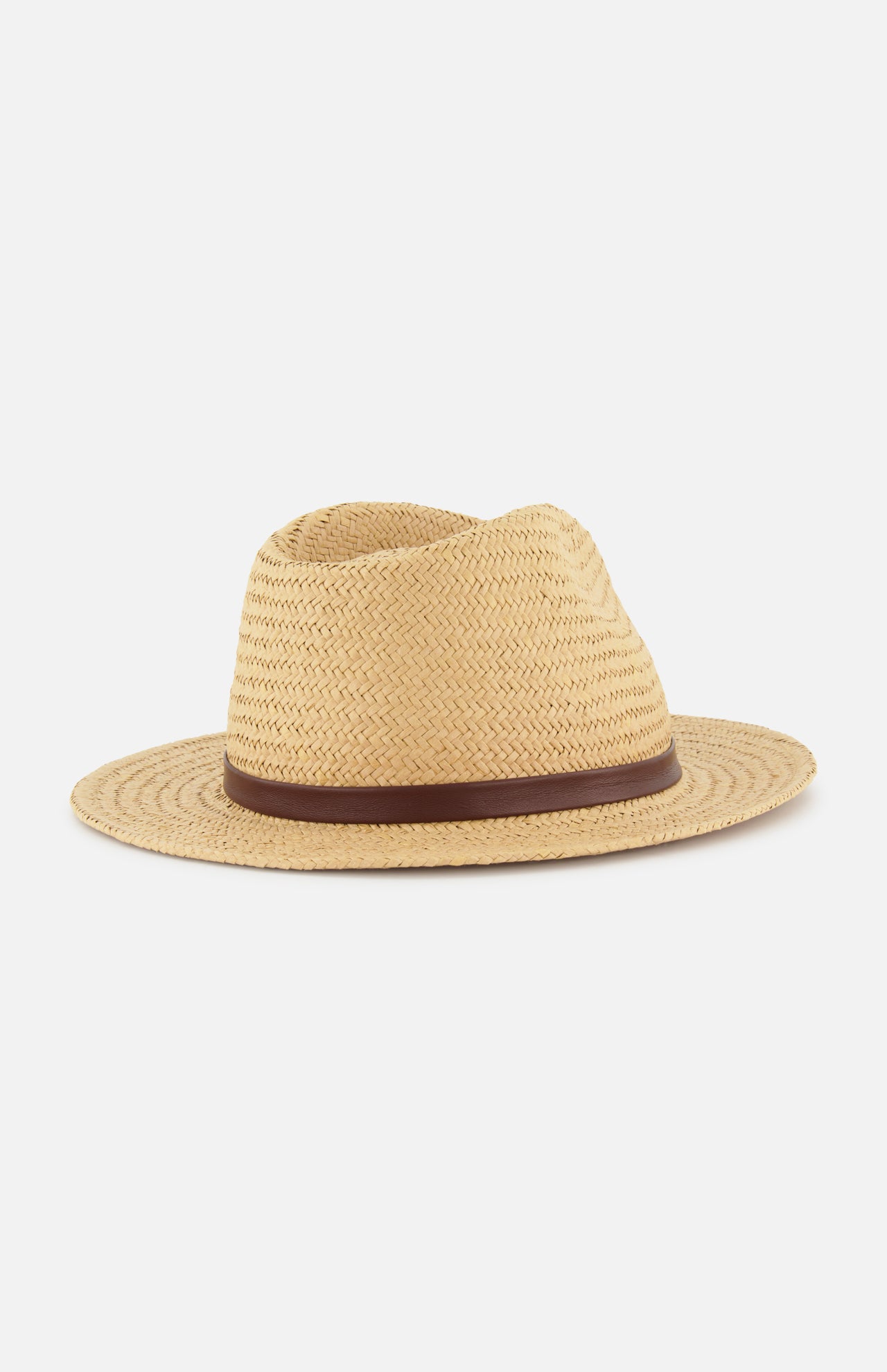 The RAG & BONE Packable Straw Fedora Hat features a tan woven design with a medium-wide brim, brown crown band, and is shown on a plain white background for stylish sun protection.