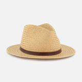 The RAG & BONE Packable Straw Fedora Hat features a wide brim and brown leather band for classic style and sun protection, shown on a white background.