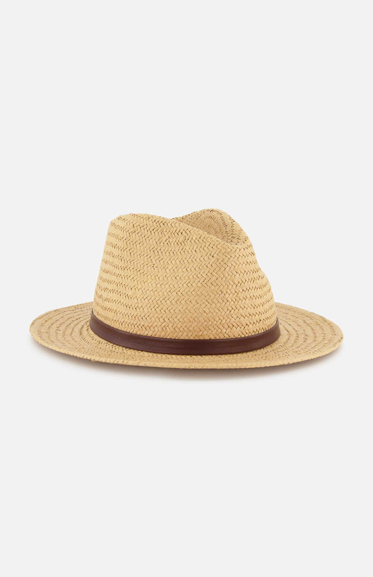 The RAG & BONE Packable Straw Fedora Hat features a wide brim and brown leather band for classic style and sun protection, shown on a white background.