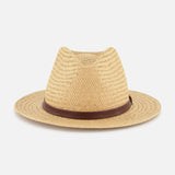 The RAG & BONE Packable Straw Fedora Hat features a wide brim for stylish sun protection and a brown leather band around the crown, shown on a white background.