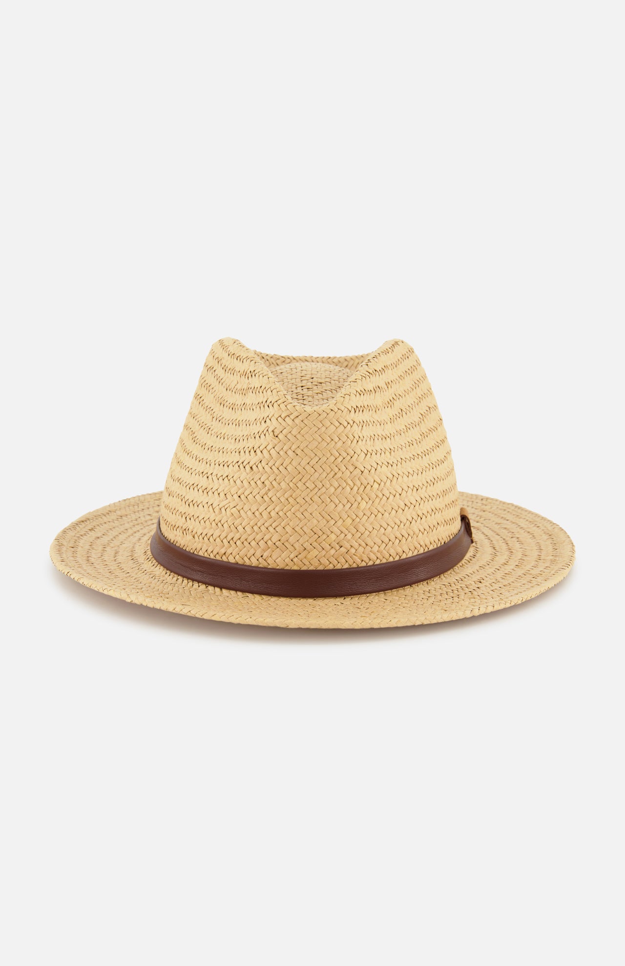The RAG & BONE Packable Straw Fedora Hat features a wide brim for stylish sun protection and a brown leather band around the crown, shown on a white background.