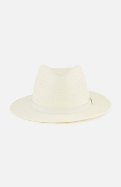 The RAG & BONE Packable Straw Fedora Hat features a wide brim and matching band in off-white for stylish sun protection, shown against a plain white background.