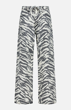 Phoebe Drawstring Pant in Washed Zebra, wide-leg denim pants featuring a comfortable drawstring waist in a zebra print.