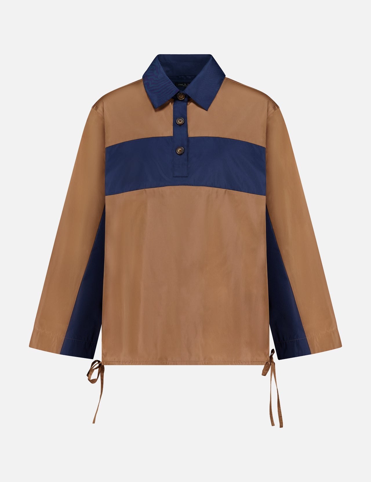 RAG & BONE Oversized Tie Hem Rugby Shirt featuring a brown body, navy blue horizontal chest stripe and collar, button-up neckline, and tie details at the hem and sleeve cuffs.