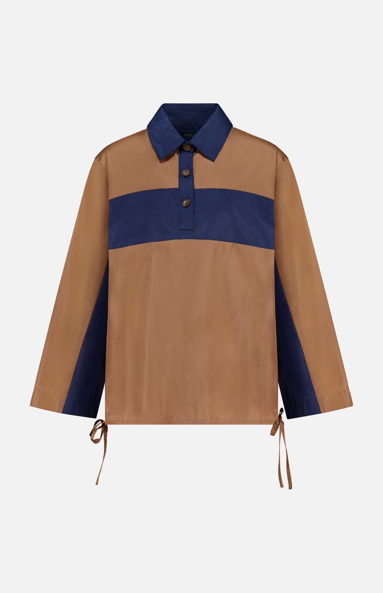 RAG & BONE Oversized Tie Hem Rugby Shirt featuring a brown body, navy blue horizontal chest stripe and collar, button-up neckline, and tie details at the hem and sleeve cuffs.