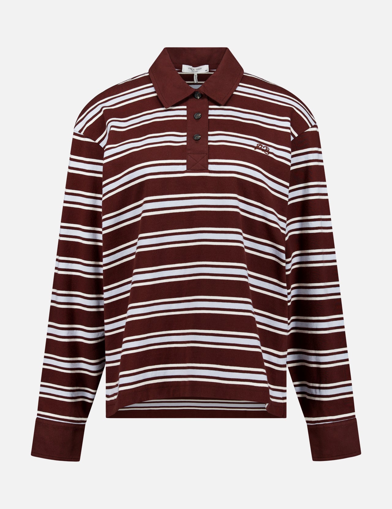 The RAG & BONE Rugby Stripe Long Sleeve Shirt features a relaxed fit, maroon and white stripes, a collar with three buttons, and is made from soft cotton. Displayed on a plain light gray background.