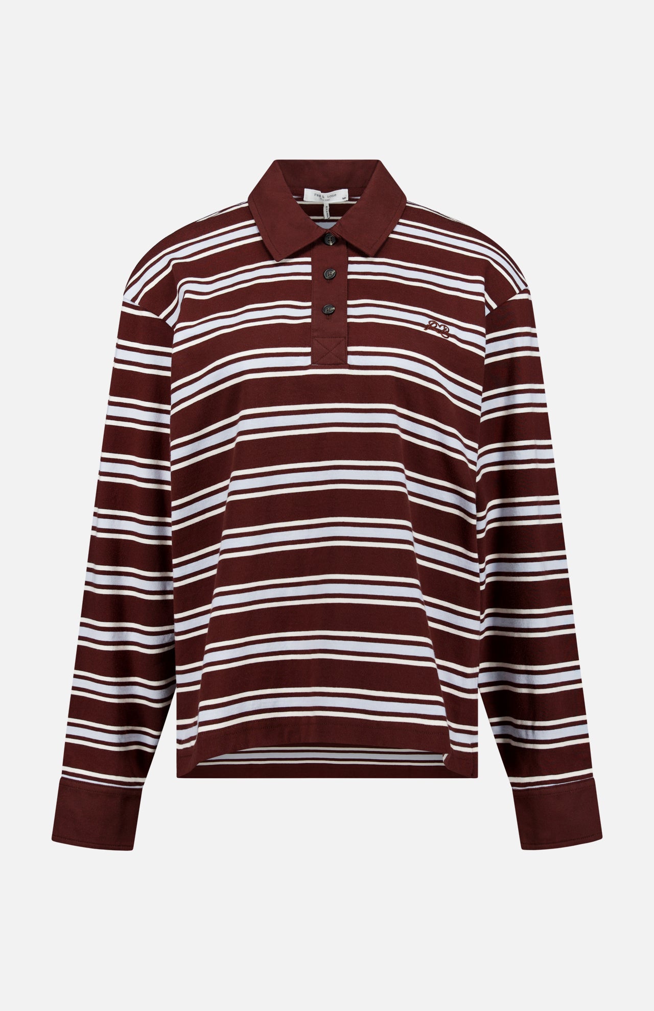 The RAG & BONE Rugby Stripe Long Sleeve Shirt features a relaxed fit, maroon and white stripes, a collar with three buttons, and is made from soft cotton. Displayed on a plain light gray background.
