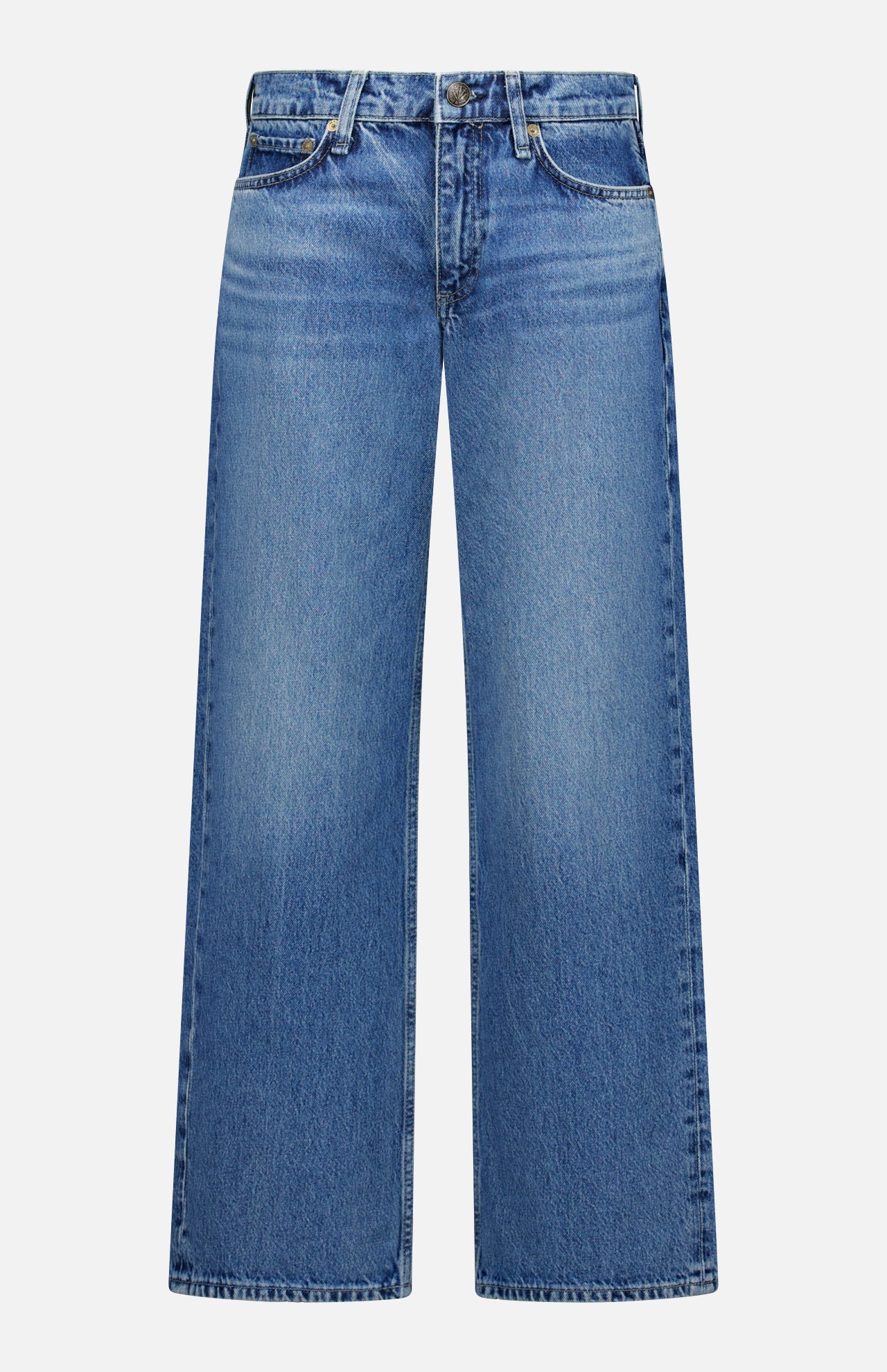RAG & BONE's Saige Full Straight Boxer Jean in Echo features a high waist, classic five-pocket style, wide straight legs, a button and zip fly, and a vintage-inspired faded blue wash for timeless appeal.