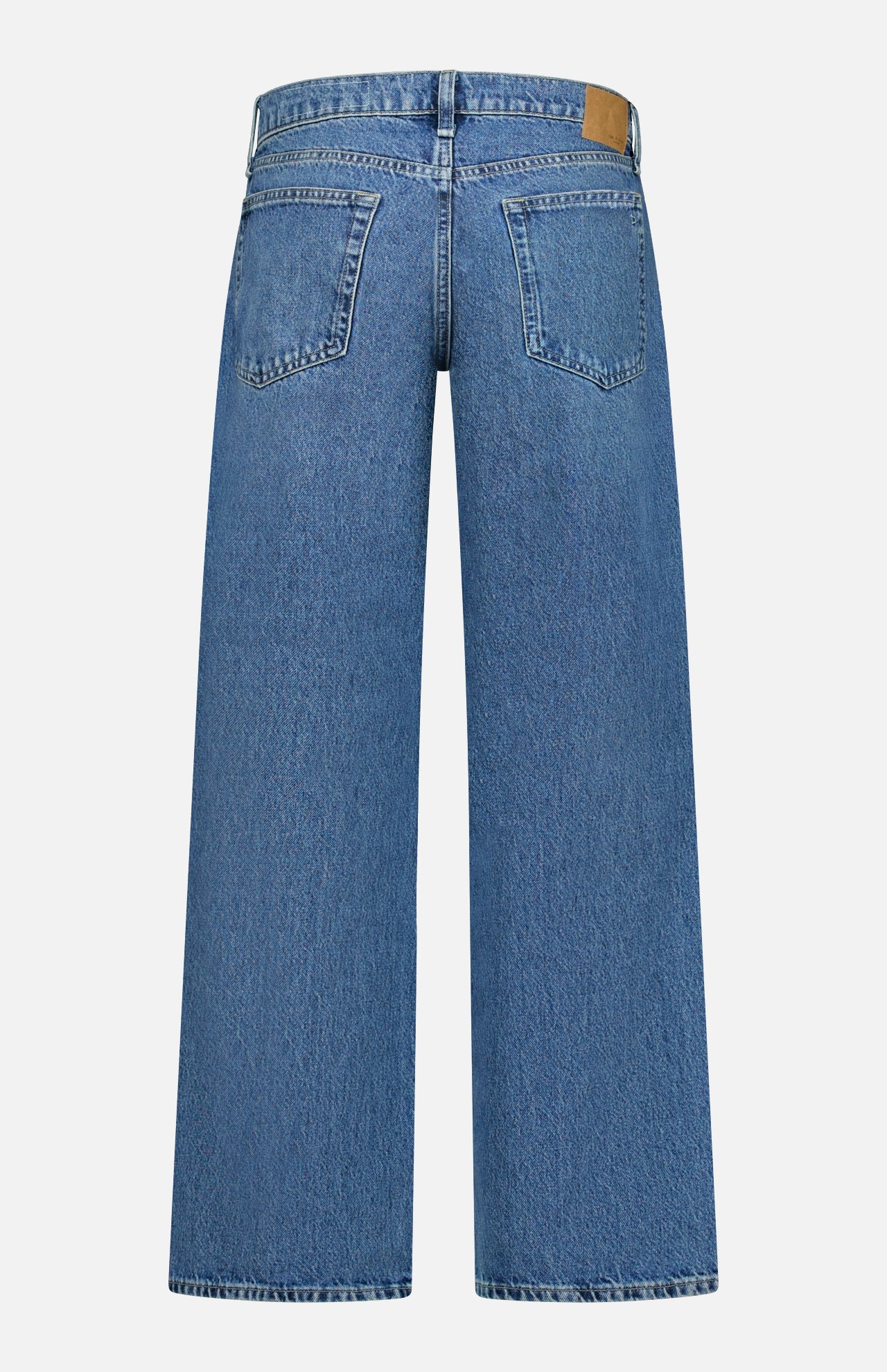 Back view of the RAG & BONE Saige Full Straight Boxer Jean in Echo, featuring two rear pockets, a waistband with belt loops, a brown leather patch, a loose fit, and a slightly faded wash for vintage-inspired style.