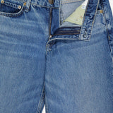 A close-up of RAG & BONE's Saige Full Straight Boxer Jean in Echo, size 27, laid flat and partially unzipped to show the zipper, button, classic stitching, and inner waistband.