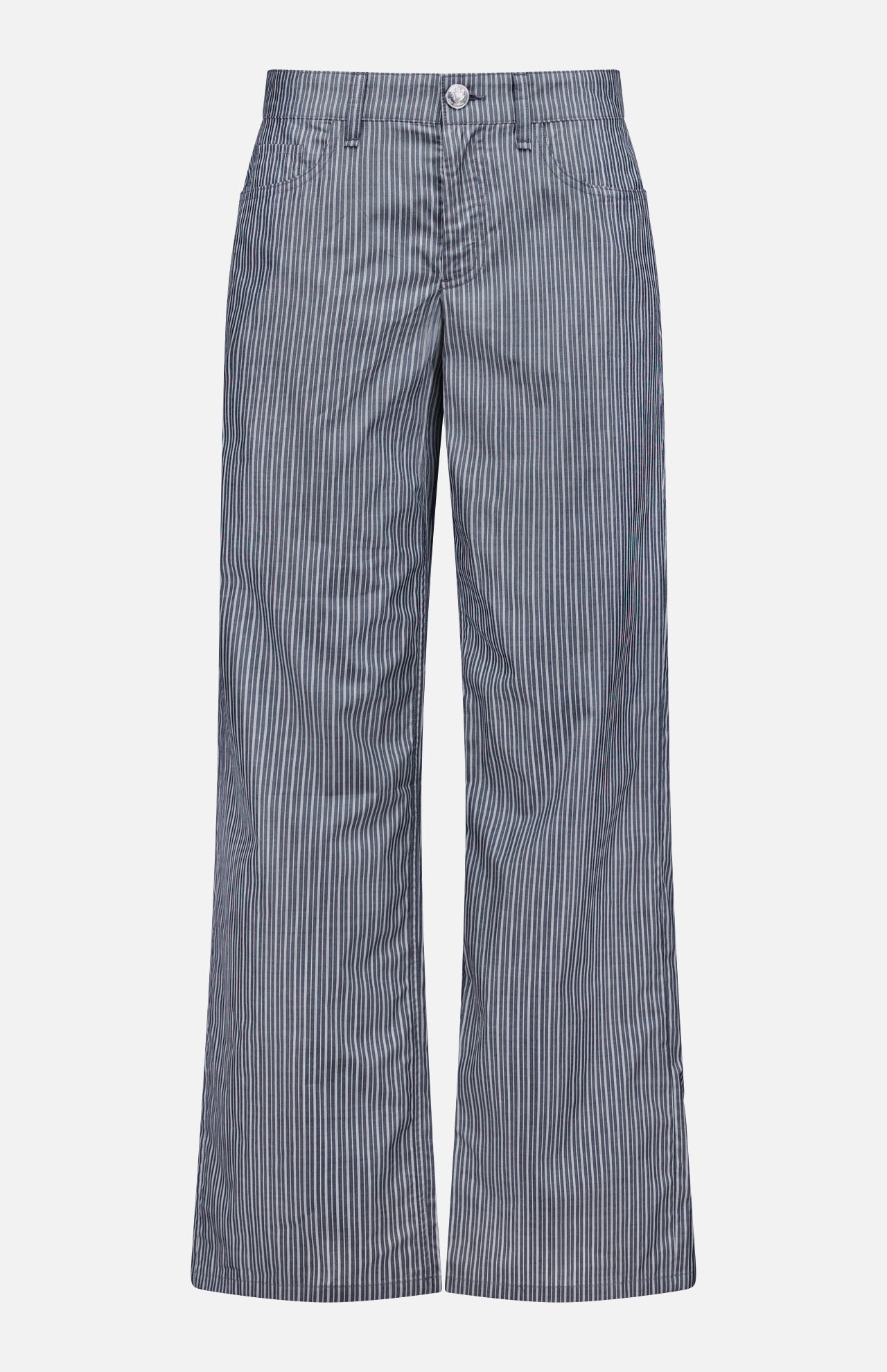 The RAG & BONE Saige Stripe Poplin Pant features a high-waist, wide-leg cut in lightweight cotton with thin white pinstripes on a blue-gray base, front pockets, and a button closure.