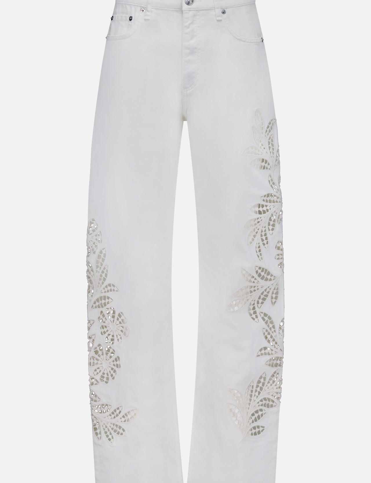 The Shea Full Straight Cut-out Pant by RAG & BONE features high-rise white denim with embroidered floral cut-outs from hip to ankle, classic five-pocket styling, a button closure, and a straight leg silhouette for an elegant look.