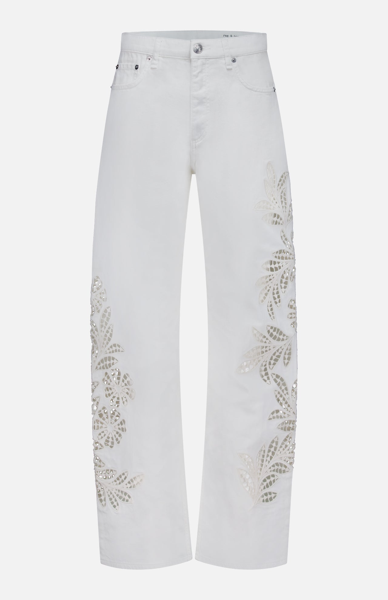 The Shea Full Straight Cut-out Pant by RAG & BONE features high-rise white denim with embroidered floral cut-outs from hip to ankle, classic five-pocket styling, a button closure, and a straight leg silhouette for an elegant look.