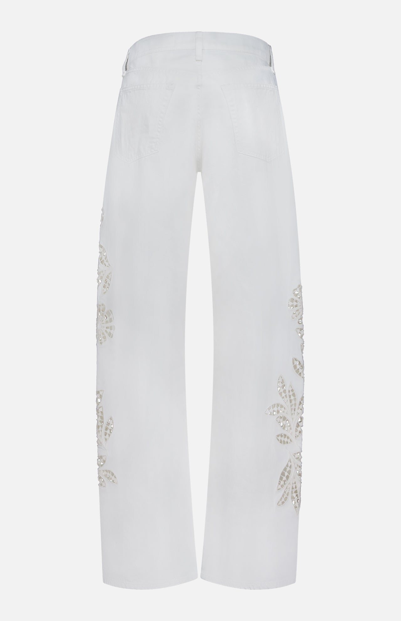 The Shea Full Straight Cut-out Pant by RAG & BONE features a high-rise back view with floral embellishments, plus bead and sequin details along the sides and near the back pockets.