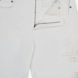 The Shea Full Straight Cut-out Pant by RAG & BONE features white straight legs, a partially open zipper and waistband, silver button, and an embroidered floral design on the right thigh. The label inside shows size 27.
