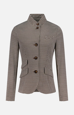 The RAG & BONE Slade Printed Blazer is a women's stretch blazer with a small houndstooth micro check, standing collar, brown buttons, two side flap pockets, and fitted long sleeves, shown on a plain white background.