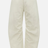 The Stevie Utility Tapered Pant by RAG & BONE is a high-waisted, off-white style made from 100% cotton, featuring front patch pockets and a button closure, shown against a plain white background.
