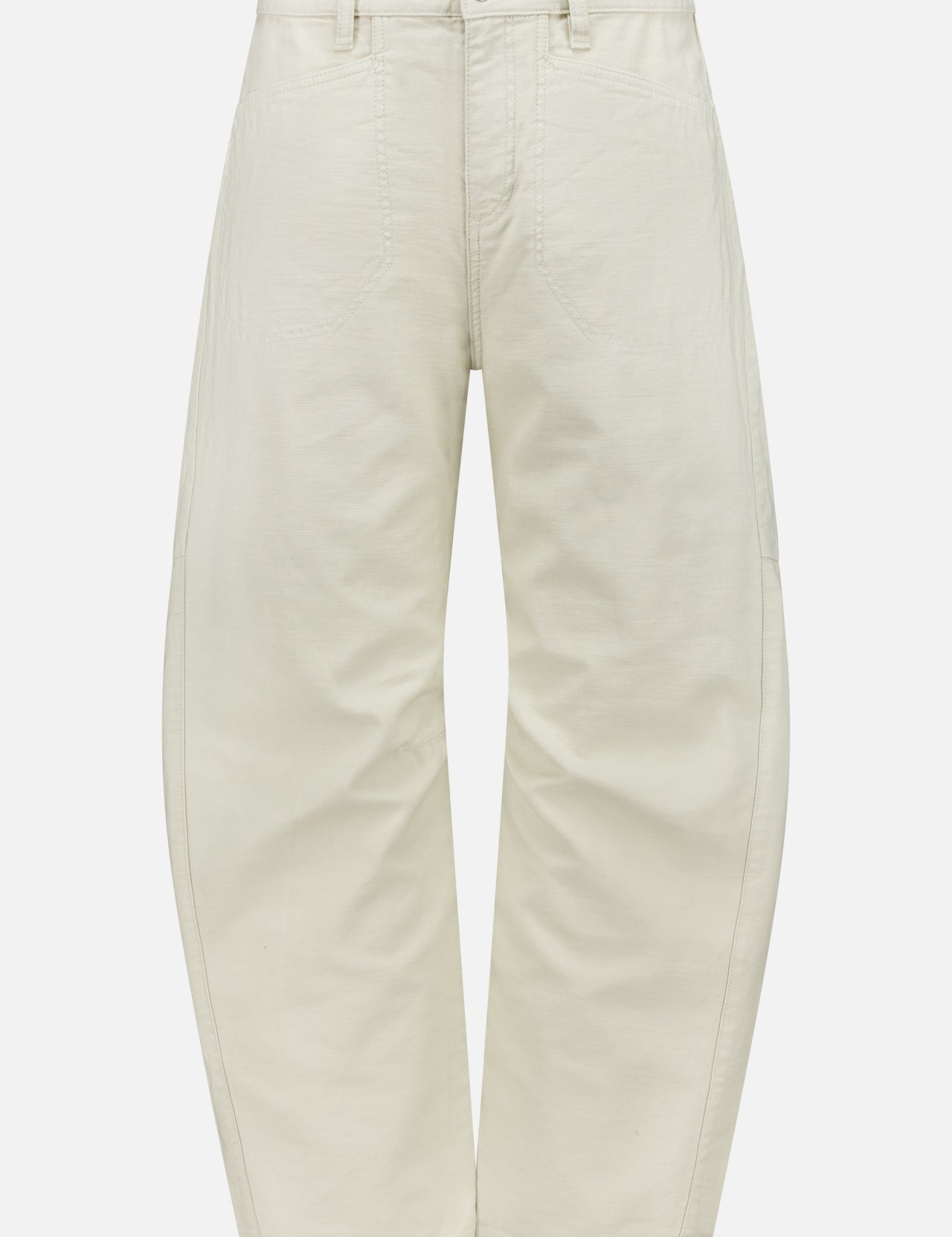 The Stevie Utility Tapered Pant by RAG & BONE is a high-waisted, off-white style made from 100% cotton, featuring front patch pockets and a button closure, shown against a plain white background.